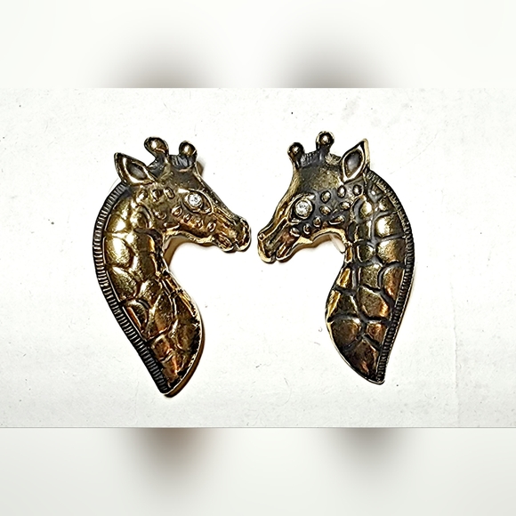 Vintage Bold Gold 1980s Giraffe clear stone eyes clip on earrings #giraffelover - Picture 3 of 11